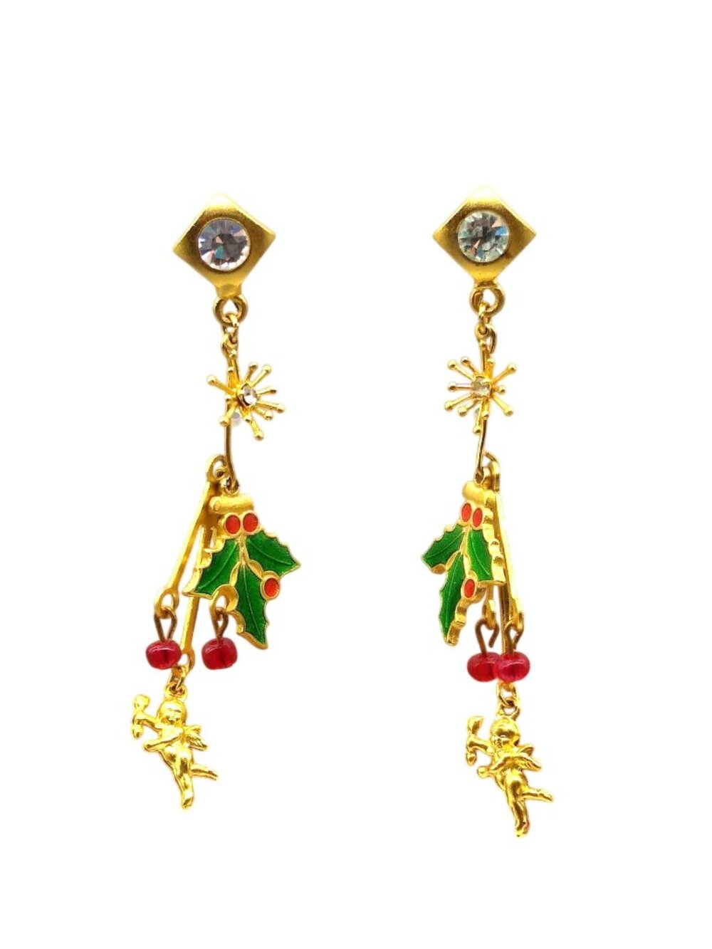 Fun Christams Shoulder Duster Earrings, Gold Tone Crystals Drop to Whimsical